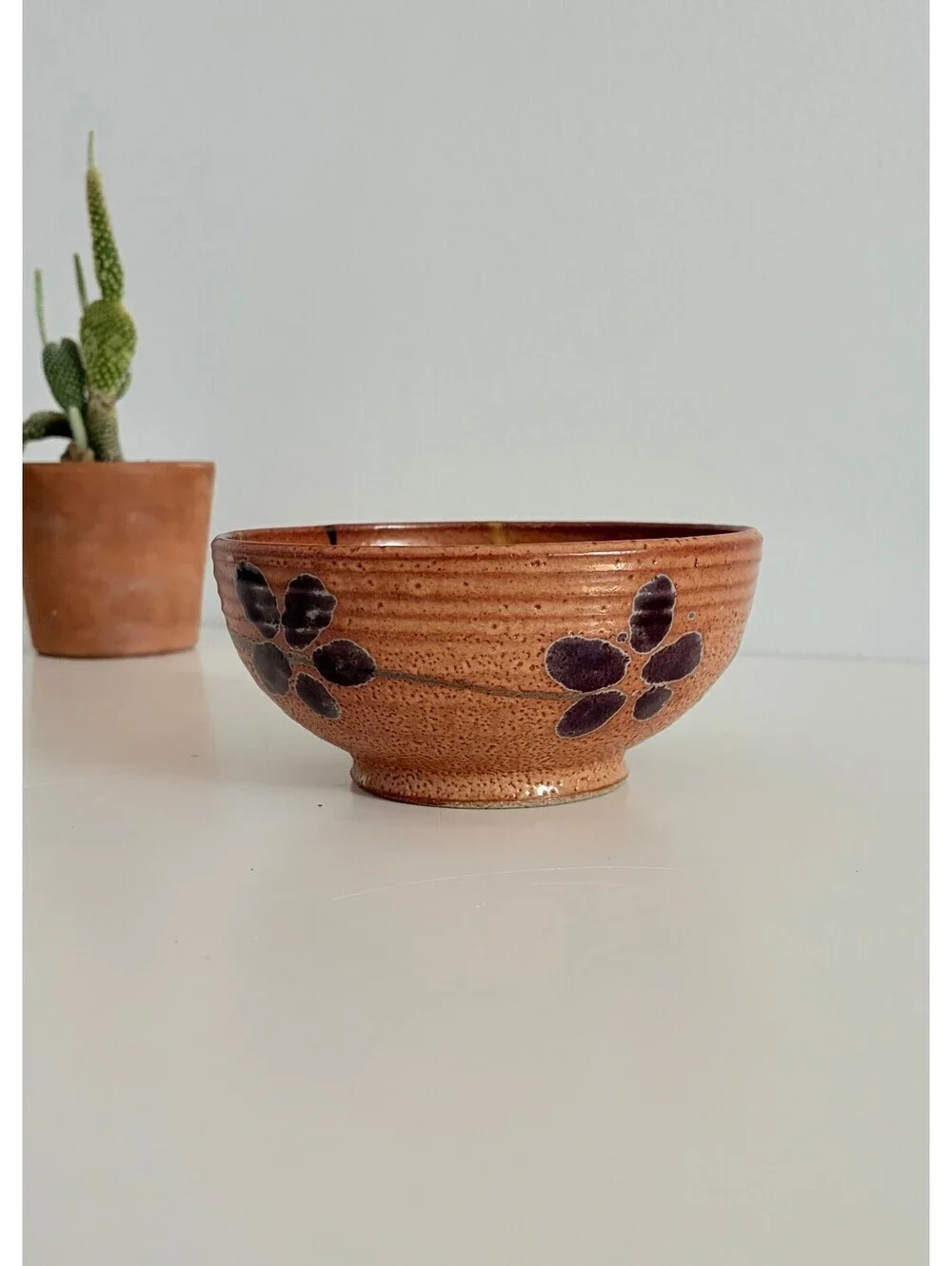 Kintsugi Stoneware Bowl Vintage Studio Pottery Speckled Hand Painted Florals